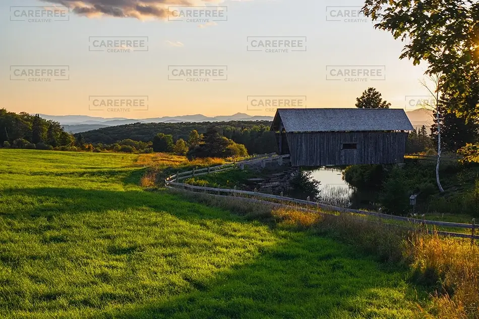 AM Foster Covered Bridge Peaceful Morning Vista, Cabot, Vermont · United States
