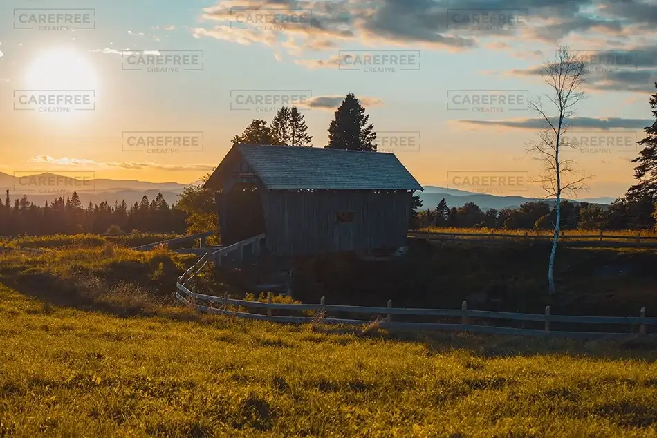 AM Foster Covered Bridge Daybreak over Vibrant Fields, Cabot, Vermont · United States