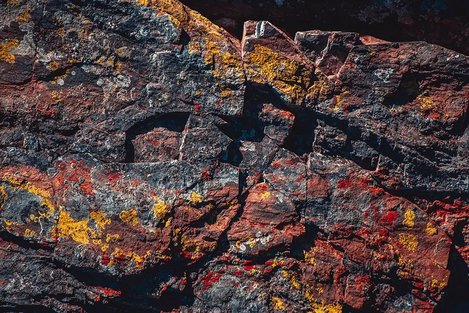 Black Canyon Of The Gunnison Fractured Granite With Yellow Lichen, Montrose, Colorado · United States
