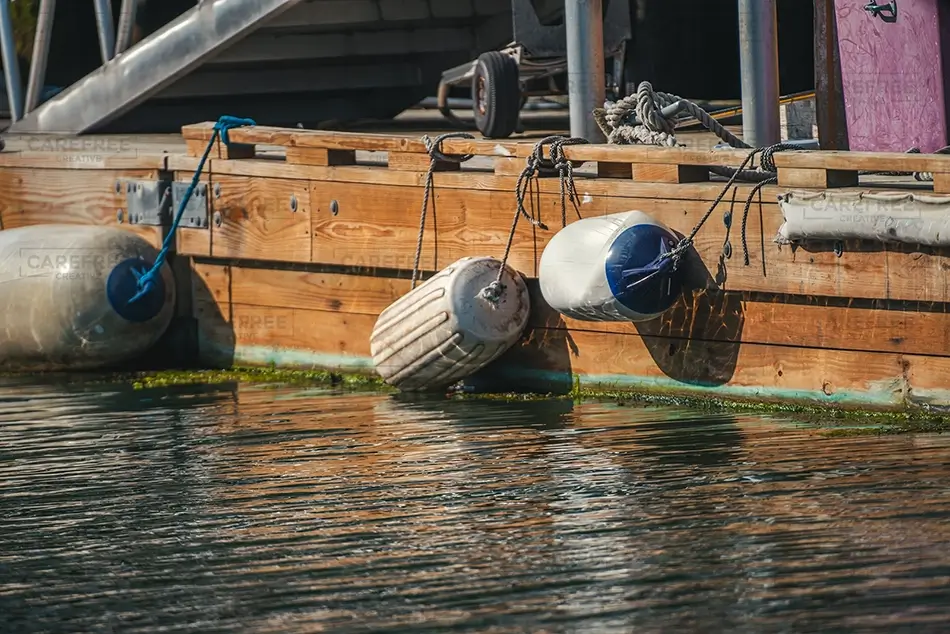 Cabbage Island Boat Fenders Along Dock, Boothbay, Maine · United States