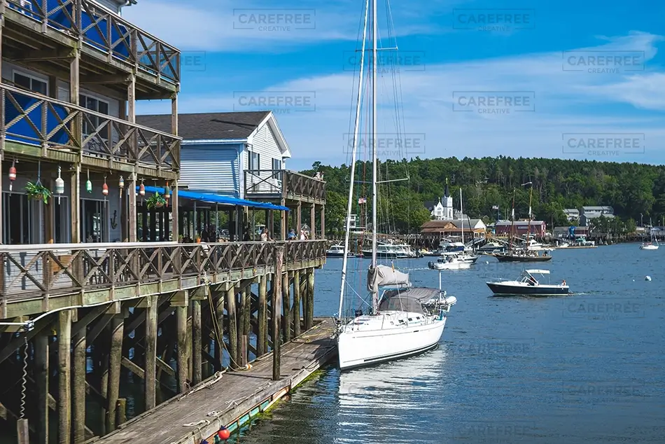 Cabbage Island Sailboat Docked At Harbor, Boothbay, Maine · United States