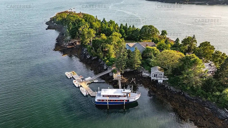 Cabbage Island Aerial View Of Island Dock, Boothbay, Maine · United States