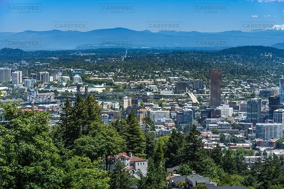 Portland Cityscape With Mountains, Portland, Oregon · United States