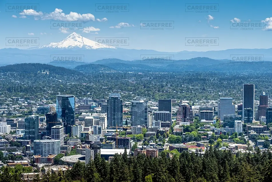 Portland Downtown Skyline With Mountain, Portland, Oregon · United States