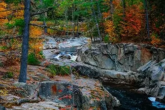 Coos Canyon’s Waterfall with a Serene Autumn Backdrop, Byron, Maine