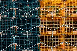 Stacked Yellow And Blue Lobster Traps, Harpswell, Maine