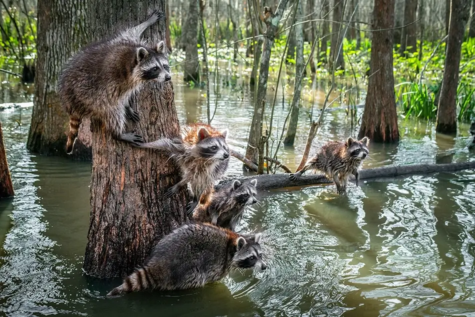 Honey Island Swamp Raccoons on a Tree, Slidell, Louisiana · United States