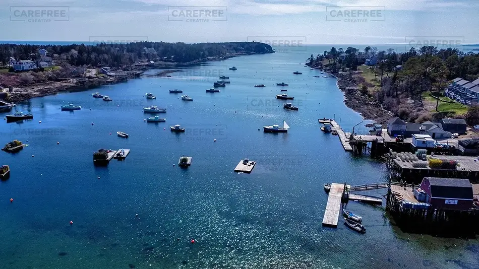 Mackerel Cove Overhead Harbor Panorama, Bailey Island, Maine · United States