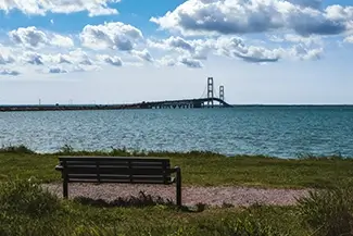 Mackinac Bridge Bench Overlooking Water, Mackinaw City, Michigan