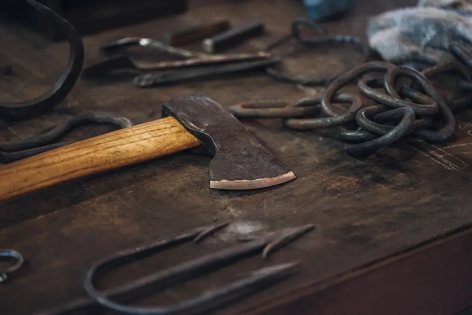 Fryeburg Tools and Axe on Workshop Table, Fryeburg, Maine · United States