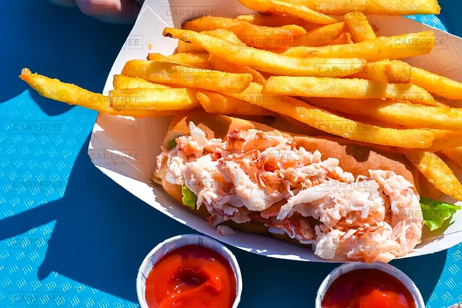 Lobster Roll With Fries Golden Crispy French Fries, Maine · United States
