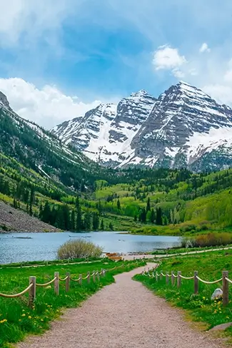 Maroon Bells Scenic Pathway and Mountain Reflections, Aspen, Colorado