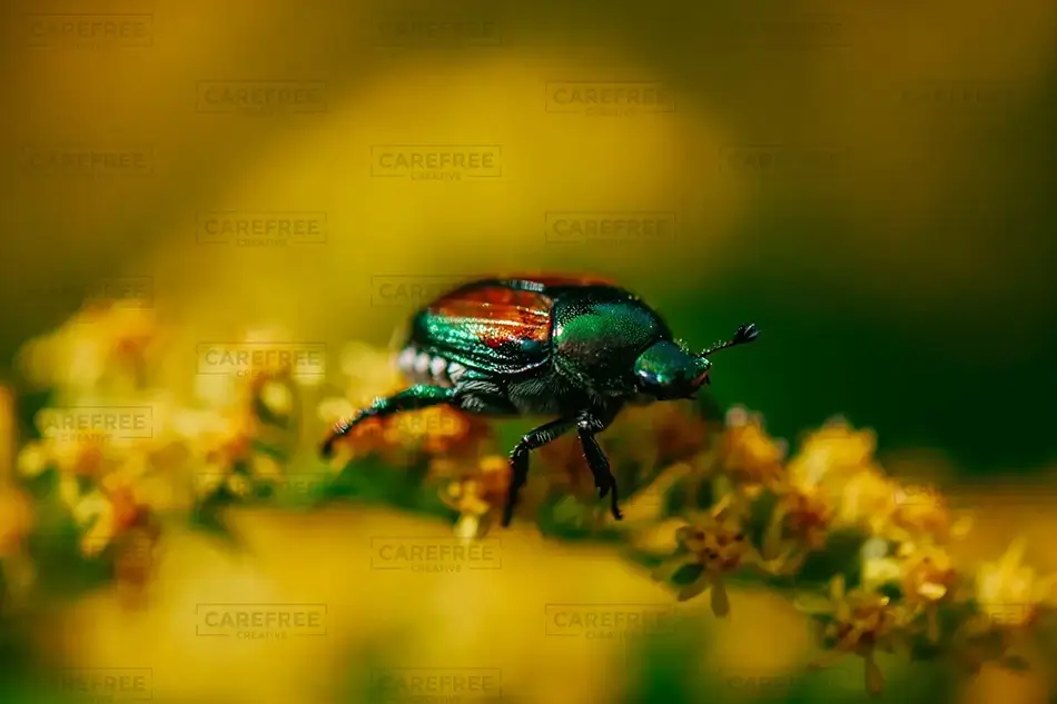 Mer Bleue Bog Japanese Beetle on Golden Bloom, Ottowa, Ontario · Canada