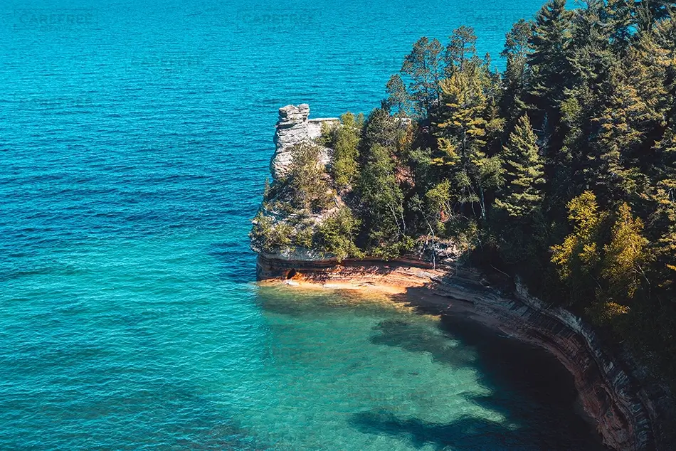 Miners Castle Rock Rocky Cliff Over Turquoise Water, Munising, Michigan · United States