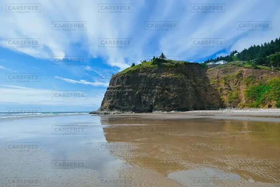 Oceanside Beach Serene Reflections by the Cliffside, Oceanside, Oregon · United States
