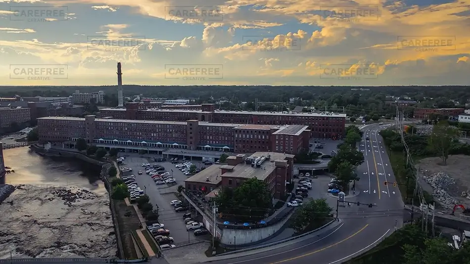 Pepperell Mills Saco Sunset Aerial View, Saco, Maine · United States