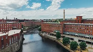 Pepperell Mills Saco Aerial River View, Saco, Maine