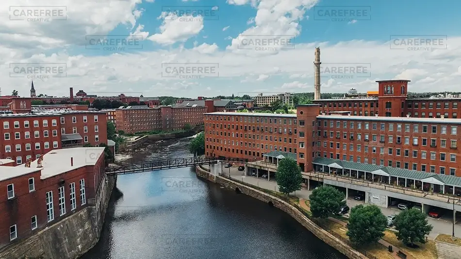Pepperell Mills Saco Aerial River View, Saco, Maine · United States