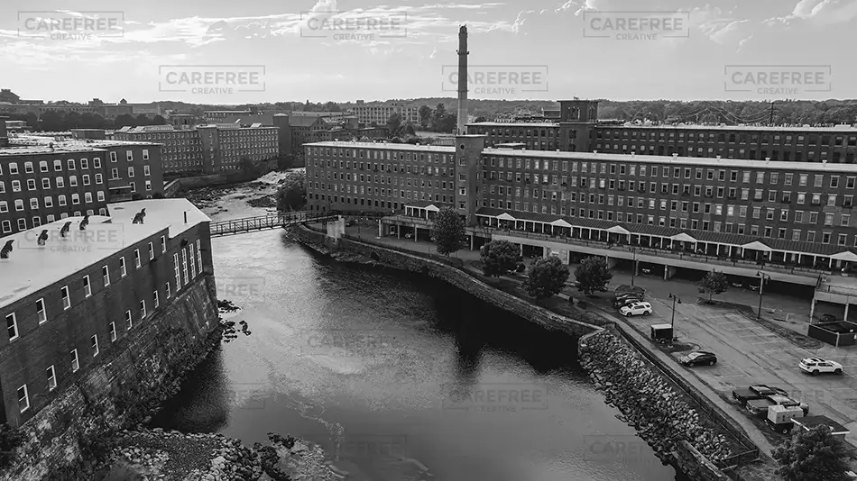 Pepperell Mills Saco Black & White River View, Saco, Maine · United States