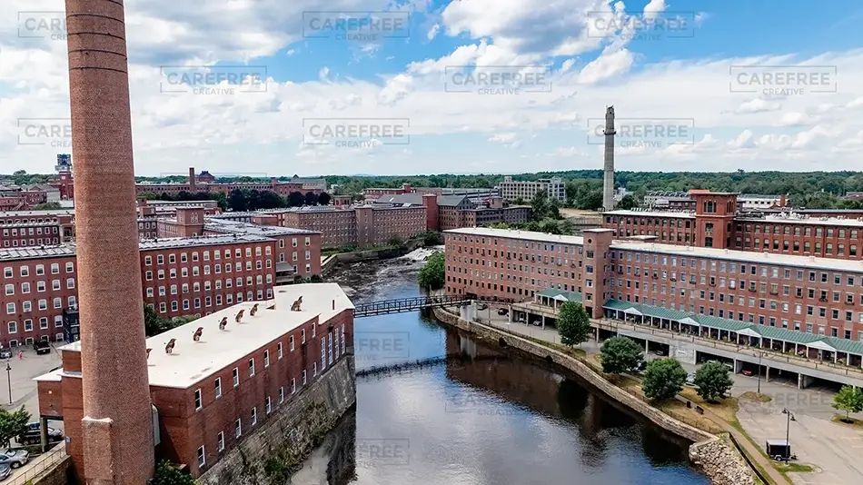 Pepperell Mills Saco River and Chimney, Saco, Maine · United States