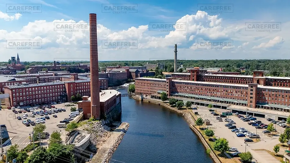 Pepperell Mills Saco Aerial View of River, Saco, Maine · United States