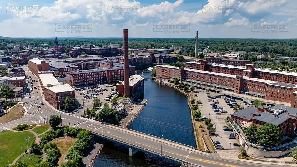 Pepperell Mills Saco Bridge Over River View, Saco, Maine · United States
