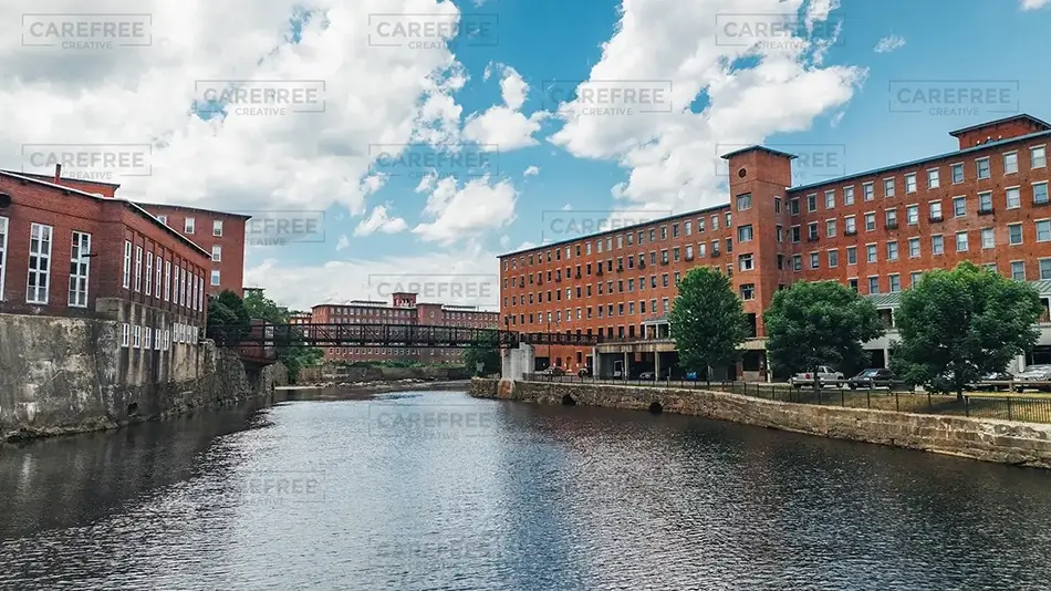 Pepperell Mills Saco Bright River Scene, Saco, Maine · United States