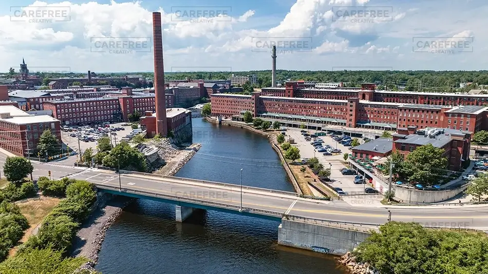 Pepperell Mills Saco River Bridge Aerial, Saco, Maine · United States