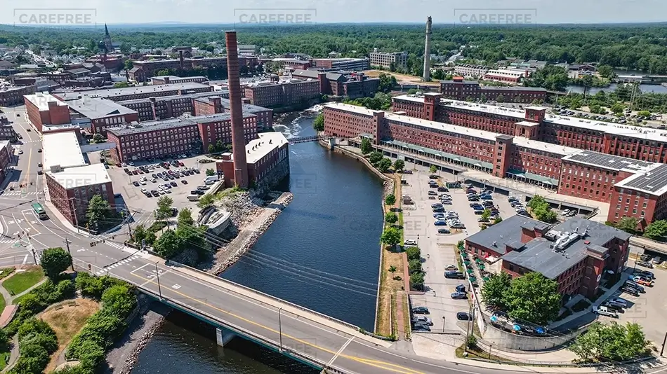 Pepperell Mills Saco Overview with Bridge, Saco, Maine · United States