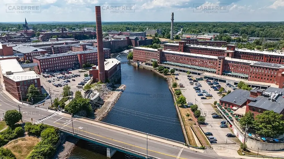 Pepperell Mills Saco Bridge and River Aerial, Saco, Maine · United States