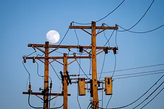 Point Of View Night Sky and Power Lines with Moon, Pittsburgh, Pennsylvania