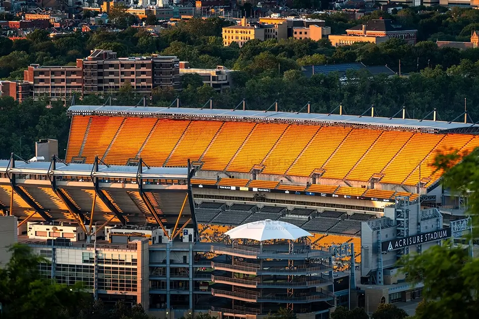 Point Of View Pittsburgh Acrisure Stadium Aerial Sunset View, Pittsburgh, Pennsylvania · United States