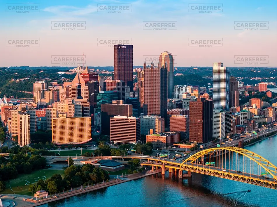 Point Of View Pittsburgh Skyline Riverfront View at Dusk, Pittsburgh, Pennsylvania · United States
