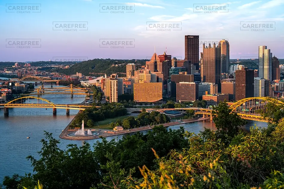 Pittsburgh Skyline with Golden Bridges and Waterfront, Pittsburgh, Pennsylvania · United States