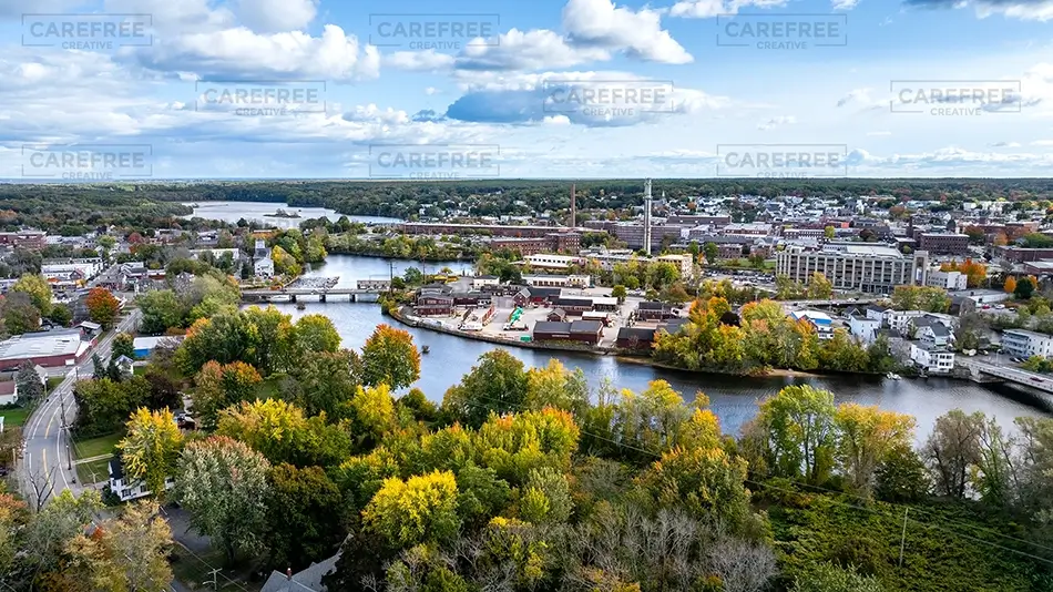 Saco Aerial View of Urban River Landscape, Saco, Maine · United States