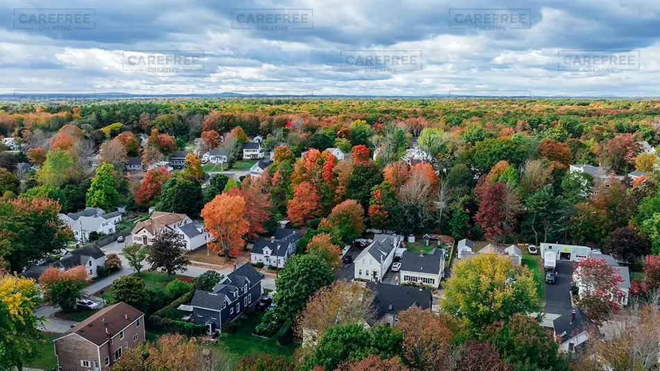 Saco Vibrant Autumn Landscape Overlooking Suburbia, Saco, Maine · United States