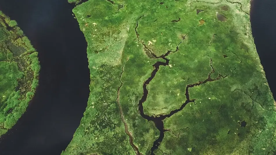 Scarborough Marsh Curving River Aerial, Scarborough, Maine · United States