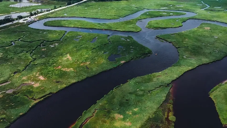 Scarborough Marsh Lush Estuary Aerial, Scarborough, Maine · United States