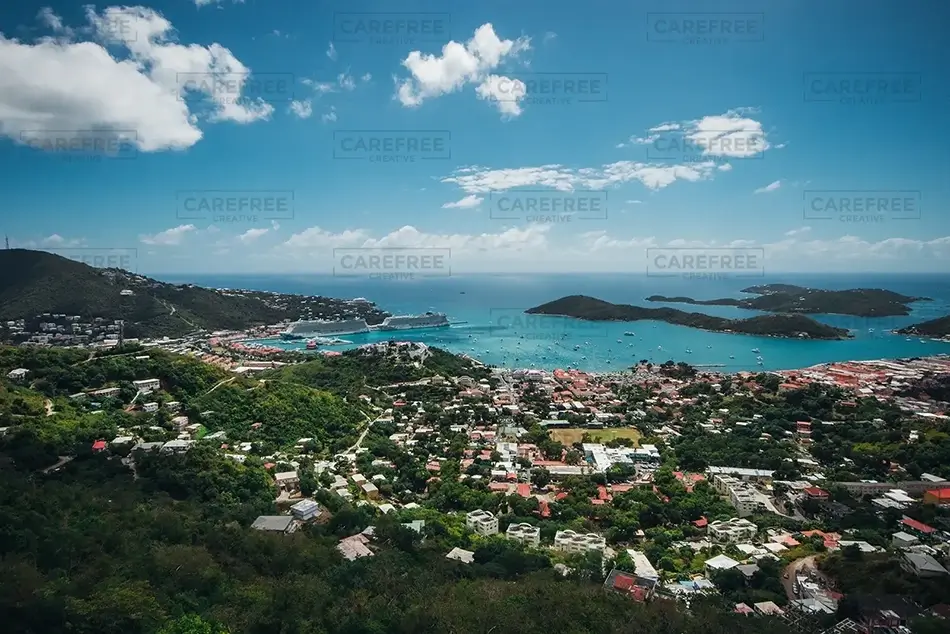 St Thomas Town View with Cloudy Horizon, USVI · Caribbean