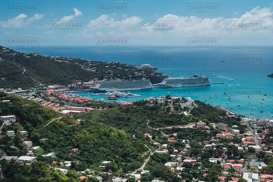 St Thomas Cityscape with Ocean Background, USVI · Caribbean