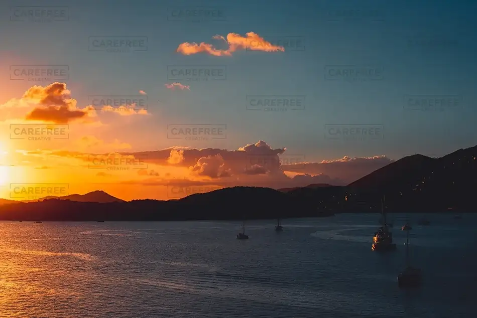 St Thomas Ocean Sunset with Sailboats, USVI · Caribbean