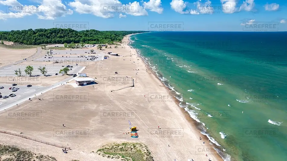 Warren Dunes State Park Aerial View of Sandy Beach, Sawyer, Michigan · United States