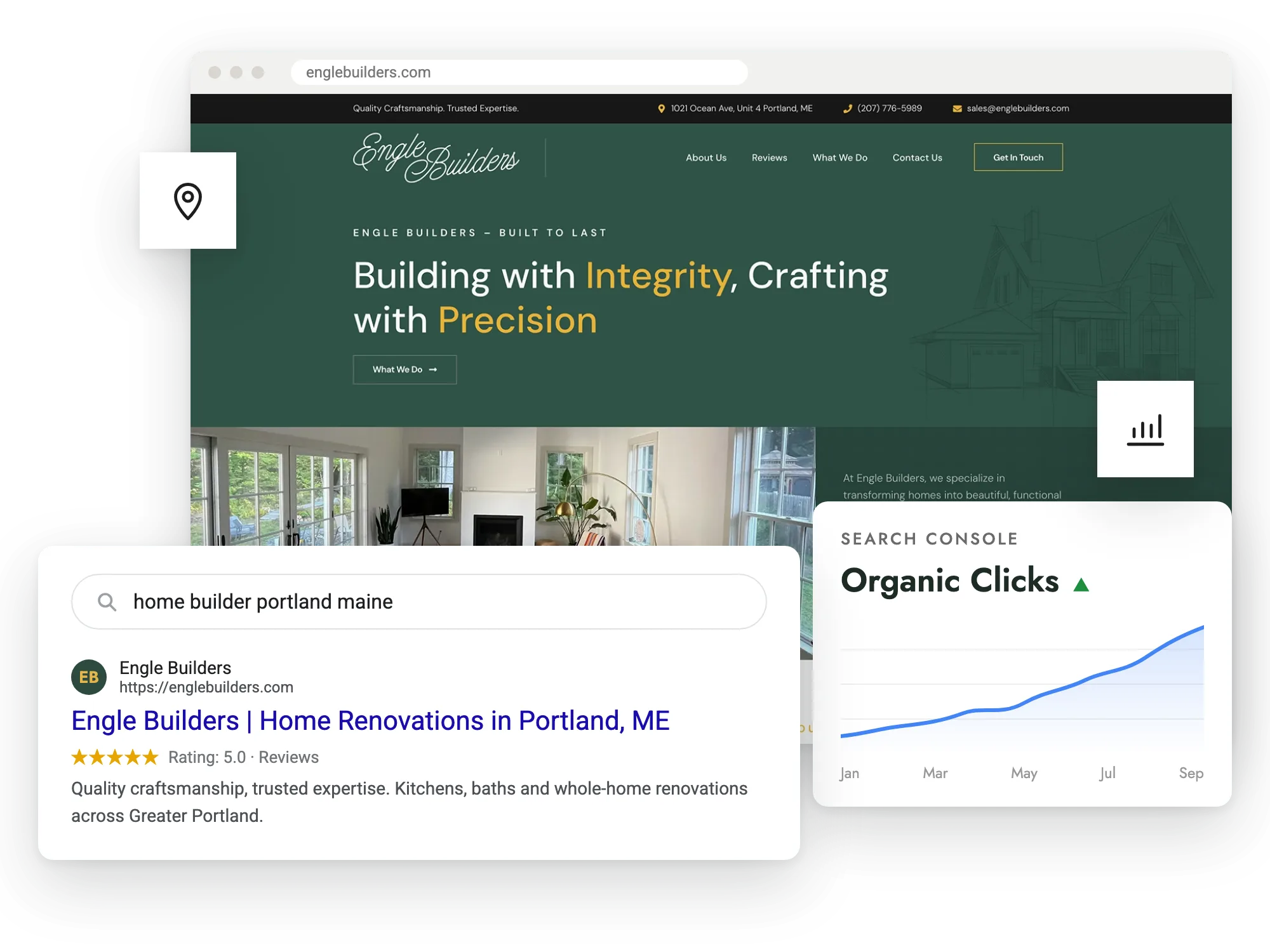 Engle Builders website shown in a Google search result alongside a rising organic clicks chart